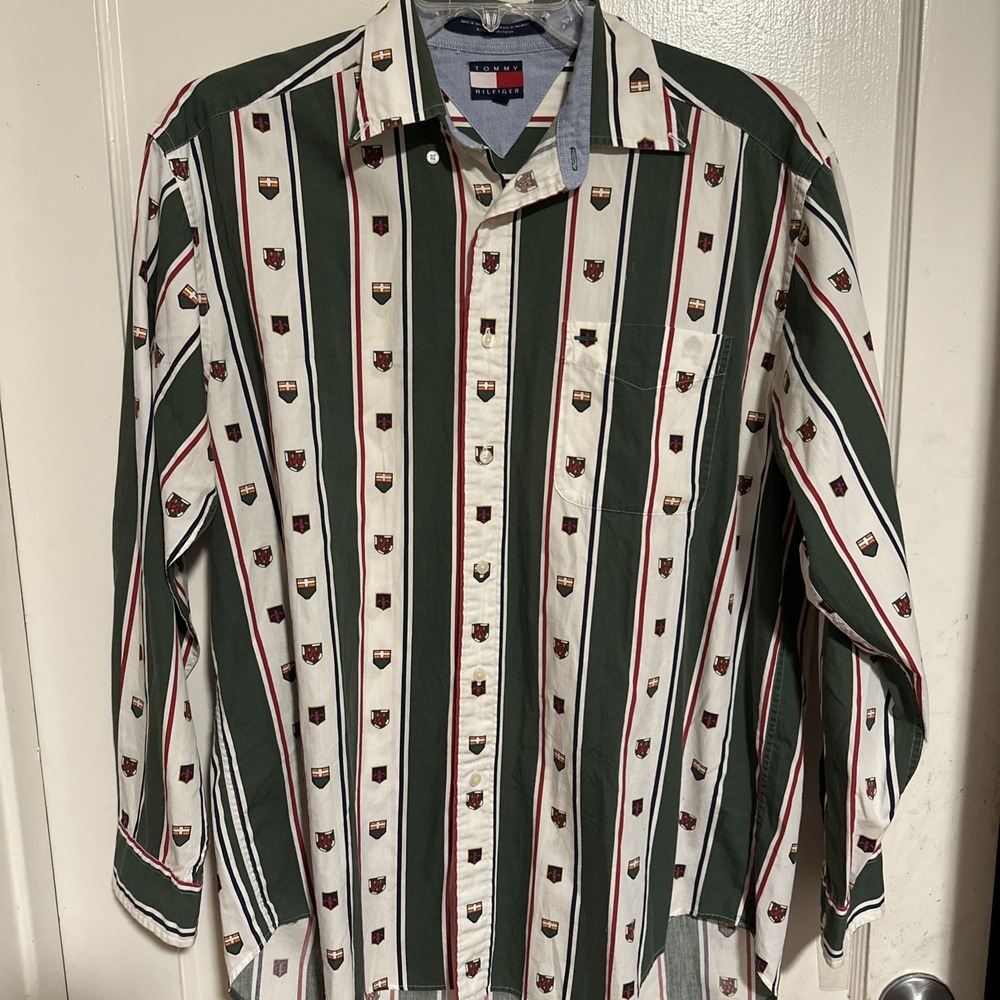 VTG Tommy Hilfiger Shirt Mens MEDIUM Green White Button Down All Over Crest